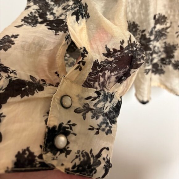 Coldwater Creek Semi-Sheer Blouse Gold/Black Floral Pearl Snap Bttns Tencel. XL - Picture 4 of 6